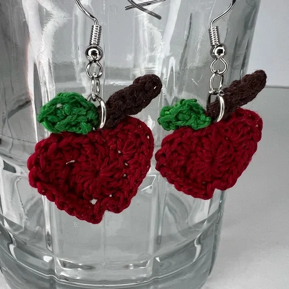 Handmade Crochet Apple Earrings on Hypoallergenic White Gold Plated Hooks Red - Picture 6 of 6